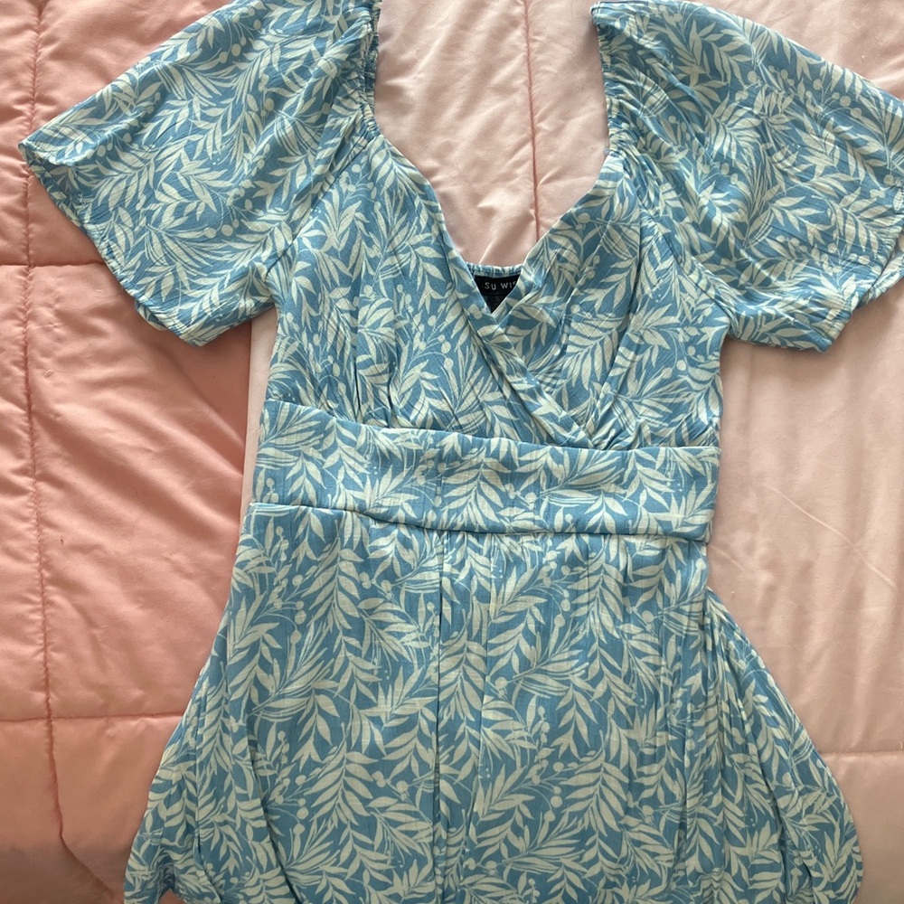 As U Wish Blue and White Leaf Print Dress